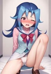 bangs bed blue_hair blush clothing female female_only hi_res kamishiro_rio namkha209 nervous one_eye_closed open_mouth panties raised_leg red_eyes rio_kamishiro shoes sitting skirt solo underwear yu-gi-oh! yu-gi-oh!_zexal