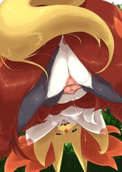 1girls 2019 anthro anthrofied anus ass belly big_ass big_belly big_ears biidama black_fur bodily_fluids breasts canid canine censored clitoris day delphox drooling eye_contact female fox fur genital_fluids half-closed_eyes heart heart-shaped_pupils heavy_breathing hi_res inner_ear_fluff long_breasts looking_at_viewer looking_back looking_through_legs low-angle_view mammal mosaic_censoring nintendo nipples nude open_mouth orange_fur outdoors pointy_breasts pokémon_(species) pokemon pokemon_xy presenting presenting_pussy pussy pussy_juice red_eyes red_fur saliva seductive smile solo spread_legs spread_pussy spreading sweat tail teeth thick_thighs thigh_gap tongue tongue_out tuft uncensor_request video_games wet white_fur wide_hips yellow_body yellow_fur