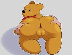 all_fours animate_inanimate anthro anus ass bear big_butt bottomless butt_grab clothed clothing digital_media_(artwork) disney female genitals hand_on_butt hi_res living_plushie looking_at_viewer looking_back mammal open_mouth plushie pooh_bear pussy rear_view rule_63 shirt simple_background solo tail thick_thighs topwear wide_hips winnie_the_pooh_(franchise) xelius yellow_body