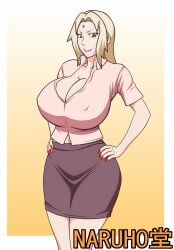 1girl big_breasts blonde_female buttoned_shirt cleavage clothed edit gilf hands_on_hips mature_female milf naruho naruko89 naruto naruto_(series) naruto_shippuden nipple_bulge red_nails skimpy skirt solo solo_female tagme teacher_outfit tsunade