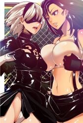 big_breasts black_hair blindfold boobs_pressed boobs_touching breast_press breasts catfight crossover female_only females_only final_fantasy final_fantasy_vii girls_only kineluchs latex latex_skirt leotard lips nier:_automata staredown tifa_lockhart two_girls white_hair yorha_2b