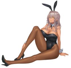 animal_ears bangs bare_shoulders breasts bunny_ears bunnysuit closed_mouth damegane detached_collar earrings eyebrows eyebrows_visible_through_hair fake_animal_ears female full_body hair_between_eyes in_profile jewelry large_breasts long_hair looking_to_the_side original pantyhose parted_lips silver_hair white_background yellow_eyes