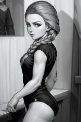 2d ai_generated ass braid female katya_smirnova looking_at_viewer monochrome school_swimsuit swimsuit tiny_bunny