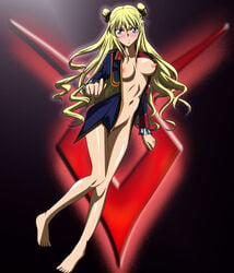 blonde_hair blush code_geass code_geass:_boukoku_no_akito hair_bun hair_ornament knees_together_feet_apart leila_(code_geass) leila_malcal long_hair looking_at_viewer medium_breasts military_uniform nipples purple_eyes skinny small_waist twin_buns very_long_hair