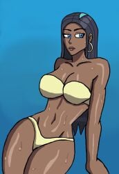 1woman artist_request big_breasts bikini blue_background blue_eyes blue_hair curvaceous curvy_figure dark-skinned_female dark_skin earrings game_freak golden_bikini long_hair midriff navel nessa_(pokemon) nintendo pokemon pokemon_ss solo thick_thighs thong voluptuous wet_body wide_hips