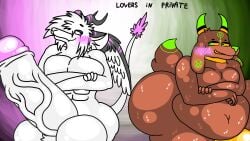 angel anthro ass balls belly big_ass big_balls big_belly big_butt big_penis blush blush_lines bodily_fluids bovid bulge caprine crossed_arms demon dragon duo english_text erection eye_contact fat_ass genitals goat hi_res huge_ass huge_balls huge_belly huge_butt huge_cock hyper hyper_ass hyper_belly hyper_butt hyper_genitalia hyper_penis looking_at_another male male/male malgluor malgluor_(malgluor) mammal mythological_creature mythological_scalie mythology navel obese overweight penis scalie simple_background siolyse_(elysios) smile smiling_at_another smirk smirking_at_another sweat sweatdrop sweaty_body sweaty_butt text vein veiny_penis