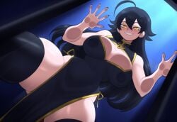 1girls ai_generated black_hair dress large_breasts long_hair mullon novelai original original_character seductive seductive_look seductive_smile solo sorceress sorceress_sophia thick_thighs top_heavy yellow_eyes