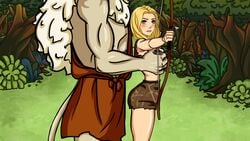 anthro archery blonde_hair clothed female female_on_anthro female_on_feral furry game_cg groping human humanoid light-skinned_female male