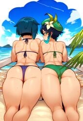 2boys 2femboys ai_generated artist_request ass ass_focus backsack backview beach big_ass big_butt big_thighs bikini blue_hair blush braid braided_hair bulge butt butt_focus cute_bois dark_blue_hair femboy femboy_only genshin_impact girly girly_boy green_eyes huge_thighs large_thighs laying_down laying_on_stomach looking_back male male_only micro_bikini navel navy_blue_hair otoko_no_ko otokonoko swimsuit thick_thighs thighs tonikaku trap venti_(genshin_impact) voluptuous wide_hips xingqiu_(genshin_impact)