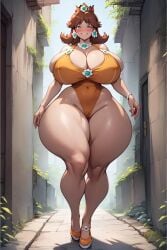 1boy 1boy1girl 1girls ai_generated ass big_ass big_breasts breasts breasts curvy_female curvy_figure female_focus gigantic_ass gigantic_breasts hi_res huge_breasts looking_at_viewer mario_(series) pale-skinned_female princess princess_daisy queen royalty solo solo_female sweat sweating