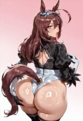 1girls 2025 ai_generated ass big_ass brown_hair civitai cosplay dat_ass female gradient_background heart-shaped_pupils highleg_leotard horse_ears horse_tail huge_ass jacksiren legwear lips looking_at_viewer mihono_bourbon_(umamusume) shiny_skin simple_background solo standing stockings umamusume yorha_2b_(cosplay)