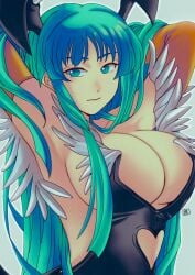 1girls armpits arms_behind_head arms_up big_breasts breasts busty capcom cleavage clothing_cutout darkstalkers demon_girl expressionless female female_only green_eyes green_hair head_wings heart_cutout highres large_breasts long_hair looking_at_viewer morrigan_aensland pose posing sexy_armpits sexy_pose sideboob solo succubus traditional_media traditional_media_(artwork) wings