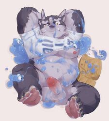 2019 3_eyes anthro balls belly bottomless clothed clothing erection goo_creature heckded hi_res male male_only multi_ear multi_eye musclegut nipples pawpads penis tokyo_afterschool_summoners tsathoggua tusks video_games