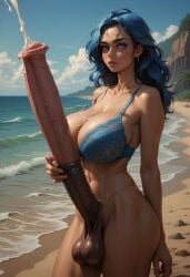 ai_generated beach big_breasts blue_bra blue_eyes blue_hair bra breasts cum cumming ejaculation erect_penis erection fully_erect futanari giant_penis harumi_(codelicious) horsecock huge_cock hyper_penis massive_breasts massive_penis original_characters touching_penis veiny_penis