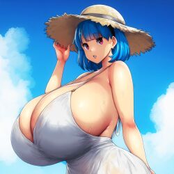 ai_generated ameanon big_breasts blue_hair breasts breasts_bigger_than_head cleavage gigantic_breasts huge_breasts large_breasts pink_eyes rina_atherina rina_atherina_(errorkazoo) sideboob straw_hat sundress