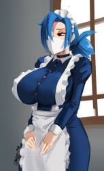 1girls big_breasts blue_hair breast_focus breasts breasts_bigger_than_head choker curvaceous curvy curvy_figure face_mask female female_only hair_over_one_eye huge_breasts maid maid_uniform mask neckwear red_eyes skullgirls solo solo_female tagme thick_thighs valentine_(skullgirls) zdecielo