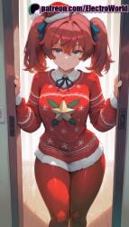 1girls 2025 ahoge ai ai_assisted ai_generated anime anime_girl anime_style artist_name blue_bow blue_eyes blue_ribbon cellphone christmas darling_in_the_franxx door electroworld female fur-trimmed_jacket fur_trim hi_res high_quality high_resolution highres indoors merry_christmas miku_(darling_in_the_franxx) mirror pantyhose patreon patreon_username phone ribbon santa_costume santa_hat smile solo stable_diffusion thick_thighs thighs twintails watermark