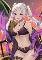 1girls alternate_costume belt belt_buckle bikini black_bikini black_robe black_swimsuit breasts brown_belt buckle cleavage closed_mouth cloud collarbone female female_only fire_emblem fire_emblem_awakening fire_emblem_heroes grima_(fire_emblem) highres long_hair long_sleeves looking_at_viewer medium_breasts navel nintendo off_shoulder official_alternate_costume open_clothes open_robe orange_sky otokajife outdoors palm_tree raised_eyebrow robe robin_(female)_(fire_emblem) robin_(female)_(seaside_tactician)_(fire_emblem) robin_(fire_emblem) robin_(fire_emblem)_(female) sitting sky sleeves_past_fingers sleeves_past_wrists smile solo stomach sunset swept_bangs swimsuit tree twintails twitter_username underboob white_hair