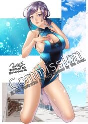 1girls alluring bare_legs bikini black_and_blue_hair blue_eyes cleavage dead_or_alive dead_or_alive_xtreme_venus_vacation mito_(artist) on_knees one-piece_bikini reika_(doa) tecmo