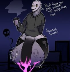 anthro anthro_only balls big_balls bodily_fluids butt_scratch clothing cock_vore coffee_cup container cum cum_on_balls cup dialogue digestion dragon dripping footwear genital_fluids genitals hi_res hoodie huge_balls hyper hyper_balls hyper_genitalia ku(salamanderku) legwear looking_down male male/male markings mythological_creature mythological_scalie mythology penile penis precum precum_drip saggy_balls scales scalie shnuckshnuck skull_symbol socks solo spots spotted_markings thigh_highs thigh_socks topwear vore white_body white_scales yellow_eyes