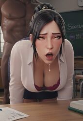 1boy 1girls 3d ahe_gao ai_generated asian asian_female black_hair brown_eyes chinese chinese_female chinese_girl cleavage clothed_sex clothing dark-skinned_male dark_skin female generalbutch_(style) interracial light-skinned_female light_skin long_hair male_focus ponytail riot_games sage_(valorant) saliva saliva_trail school sex tagme teacher teaching valorant