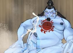 blue_body blue_skin boner closed_eyes cum erection facial_hair fish-men_(one_piece) handjob jinbe male male_only nude one_piece orgasm overweight overweight_male sauna sitting sourbearrr two-handed_handjob