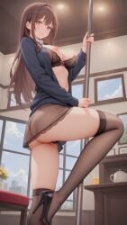 1girls ai_generated breasts breasts brown_hair female hi_res high_heels highres indoors leg_up lingerie long_hair naked nipples nude office original_character panties pink_eyes pixai see-through skirt smile solo stockings stripper_pole sweater