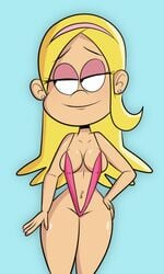 aged_up belly_piercing blonde_hair blue_background cleavage half-closed_eyes hips lola_loud piercing straight_hair the_loud_house thick_thighs thighs wide_hips