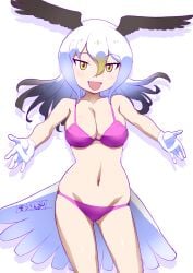 1girls :d bald_eagle_(kemono_friends) bangs bare_arms bare_shoulders bikini bird_girl bird_tail bird_wings black_hair blonde_hair breasts clavicle cleavage clothing cowboy_shot dot_nose eyebrows eyebrows_visible_through_hair eyelashes feathers female female_only gloves gradient_hair hair_between_eyes happy head_wings high_resolution kemono_friends kemono_friends_3 large_breasts legs long_hair looking_at_viewer masuyama_ryou multicolored_hair navel one-piece_swimsuit open-mouth_smile open_mouth outstretched_arms pink_bikini pose purple_bikini sidelocks simple_background smile solo standing swimsuit tail tongue two-tone_hair white_background white_gloves white_hair wings yellow_eyes