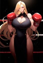 1girls ai_generated ass athletic_female big_breasts black_background blonde_hair blue_eyes blush boxing boxing_gloves boxing_ring breasts breasts_bigger_than_head busty china_dress chinese_clothes curvaceous curvy_female curvy_figure dark_clothing dress earrings female female_focus female_only gloves hair_over_one_eye huge_breasts large_breasts light-skinned_female light_skin long_hair massive_breasts muscular muscular_arms muscular_female muscular_thighs no_panties only_female original original_character red_boxing_gloves revealing_clothes thick thick_hips thick_legs thick_lips thick_thighs toned toned_female useless_clothing veins voluptuous voluptuous_female waist wide_hips wide_thighs yashiro0930_(artist)