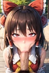 1boy :>= ai_generated blush bow brown_hair fellatio female hair_bow hakurei_reimu miko penis pov red_eyes touhou