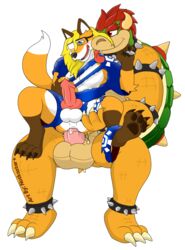 2019 alpha_channel anal anthro bodily_fluids bottomwear bowser canid canine claws clothing collar duo eyewear fox genital_fluids glasses glistening hair koopa long_hair male male_only mammal mario_(series) muscular muscular_male nintendo notkastar original_character penis precum reflection reptile scalie sex shirt shorts signature simple_background smile spikes text toe_claws tongue topwear torn_clothing transparent_background video_games