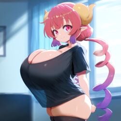 ai_generated ameanon big_breasts breasts breasts_bigger_than_head gigantic_breasts horns huge_breasts ilulu_(dragon_maid) large_breasts miss_kobayashi's_dragon_maid pink_eyes pink_hair pointy_ears shortstack t-shirt thick_thighs thighhighs