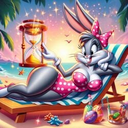 ai_generated beach big_breasts bikini bugs_bunny crossdressing curvy_female fembugs_bunny genderswap_(mtf) high_heels hourglass_figure laying_on_side looney_tunes polka_dot_bikini rule_63