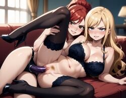 ai_generated erza_scarlet fairy_tail female female_only high_heels jenny_realight large_breasts orgasm payop pony_diffusion_xl sofa spooning spread_legs stockings strap-on vaginal_sex yuri