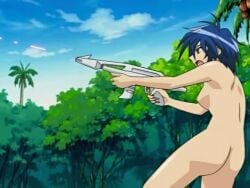 1girls ass barefoot blue_hair breasts completely_nude completely_nude_female female female_focus female_only fighting forest gun koi_koi_7 laser_gun naked naked_female nipples nude nude_female outdoor_nudity outdoors public_nudity sakuya_kazamatsuri screencap screenshot shiny_skin short_hair solo solo_female solo_focus spiky_hair trees