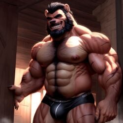 ai_generated anthro beard body_hair brown_skin chest_hait claws daddy detailed_background ears_up facial_hair hairy inside kuranoidss looking_at_viewer male mammal moustache muscular muscular_male sausa scars smile solo teeth ursid