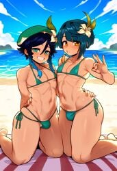 2boys 2femboys ai_generated amber_eyes artist_request beach big_thighs bikini blue_hair blush braid braided_hair bulge cute_bois dark_blue_hair embrace femboy femboy_only genshin_impact girly girly_boy green_eyes hand_on_hip huge_thighs large_thighs looking_at_viewer male male_only micro_bikini navel navy_blue_hair otoko_no_ko otokonoko smile swimsuit thick_thighs thighs tonikaku trap venti_(genshin_impact) voluptuous wide_hips xingqiu_(genshin_impact)