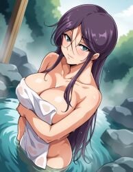 ai_generated big_breasts blue_eyes drop_out hentai hot_springs naked purple_hair sexy_pose shichijou_reika