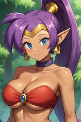 1girls ai_generated artist_request big_breasts breasts busty cleavage collarbone dark-skinned_female female female_only large_breasts long_hair pointy_ears ponytail purple_hair shantae shantae_(character) shoulders smile smiling solo solo_female tubetop voluptuous