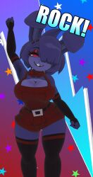 3d_(artwork) arm_warmers bonfie_(cryptiacurves) bonnie_(fnaf) bow_tie breasts buckteeth cleavage clothed clothing colored_nails female five_nights_at_freddy's hair hair_accessory hair_over_eye happy lagomorph looking_at_viewer overalls pink_eyes poster purple_body rabbit rabbit_ears scottgames solo stikcs teeth thigh_highs