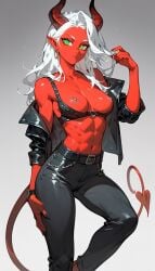 ai_generated athletic_female claws demon demon_girl demon_horns demon_tail green_eyes hard_nipples leather leather_belt leather_bra leather_clothing leather_jacket leather_pants long_hair medium_breasts nipples white_hair