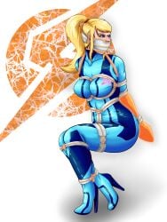 armbinder blonde_hair blue_eyes bondage bound female female_only femsub fully_clothed gag high_heels meowitzher metroid panel_gag png samus_aran shiny_clothes tight_clothing zero_suit zero_suit_samus