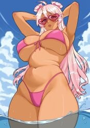 bathing_suit beach big_breasts chaluna female gyaru looking_down oc pink_eyes pink_hair tan_body water wet