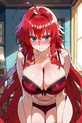 ai_generated bangs bedroom big_breasts blue_eyes blush breasts cleavage female female_focus female_only high_school_dxd kiraaiart large_breasts leaning_forward lingerie long_hair red_hair red_lingerie rias_gremory shiny_skin solo sweat wet