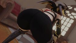 3d animated ass ass_focus ass_shake bare_shoulders black_hair black_shorts blonde_hair dehya_(genshin_impact) female from_behind genshin_impact huge_ass jiggle kishi leaning leaning_forward long_hair multicolored_hair short_shorts shorts solo tagme thighhighs twerking very_long_hair video web