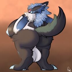 absurd_res anthro areola arm_tuft ass backsack balls barely_visible_pawpads big_balls big_breasts big_butt big_ears big_hair black_body black_fur blue_areola blue_body blue_claws blue_fur blue_hair blue_nipples blush blush_lines breasts claws digital_drawing_(artwork) digital_media_(artwork) ear_piercing ear_ring ear_tuft elbow_tuft fluffy fur genitals gradient_fur green_body green_fur gynomorph hair hi_res huge_balls huge_breasts huge_butt hyper hyper_breasts intersex leg_tuft looking_at_viewer looking_back machine mammal multicolored_body multicolored_fur neck_tuft nipples overweight overweight_anthro overweight_gynomorph overweight_intersex piercing protogen raised_tail rear_view ring_piercing ryshokka_syre ryshokka_syre_(character) screen screen_face shaded side_boob signature smile solo standing suggestive tail tuft white_balls white_body white_fur