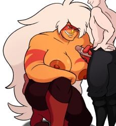 1boy 1girls big_breasts black_pants breasts cartoon_network clothing duo dushon erection faceless_male female gem_(species) grin height_difference huge_breasts human human_on_humanoid humanoid jasper_(steven_universe) larger_female light-skinned_male light_skin long_hair male massive_breasts muscular muscular_female nipples on_one_knee orange_skin penis size_difference smaller_male smug standing steven_universe straight unseen_male_face yellow_eyes