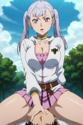 1girls ai_generated big_breasts black_clover cleavage grey_hair light-skinned_female light_skin noelle_silva open_mouth outdoors ponytail purple_eyes shiny_skin sitting sitting_on_another sitting_on_face sitting_on_person sweat sweatdrop sweating