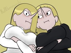 2d_(artwork) 2girls adventure_time adventure_time:_fionna_&_cake big_breasts blonde_hair cartoon_network disgusted lemoncarbs looking_down